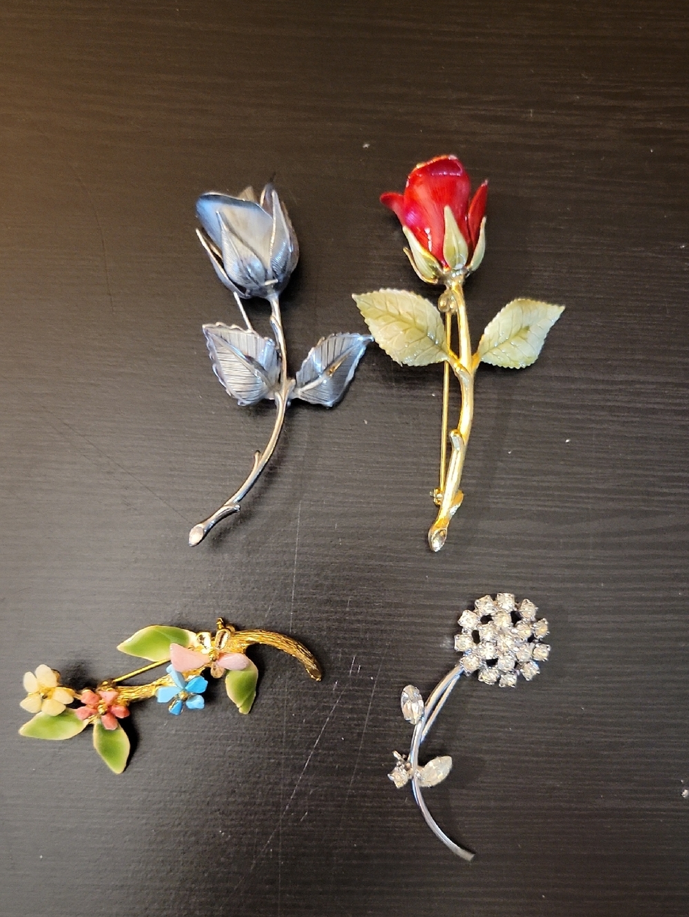 Vintage Floral Brooch Set - Red Rose, Blue Rose, Dainty Flower Sprigs
